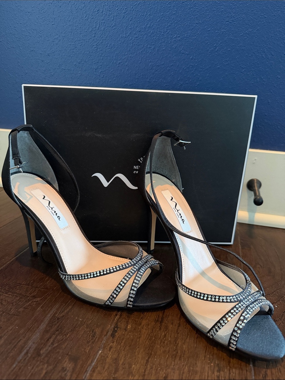 Nina Black Crystal-Strap Stiletto Sandals